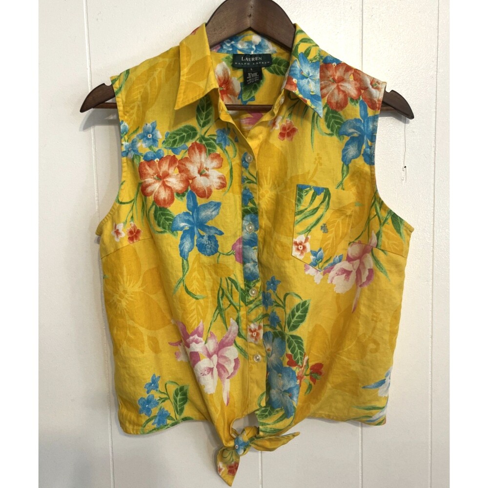 Lauren Ralph Lauren Women's Size Large Linen Crop Top Floral Yellow Tie Waist